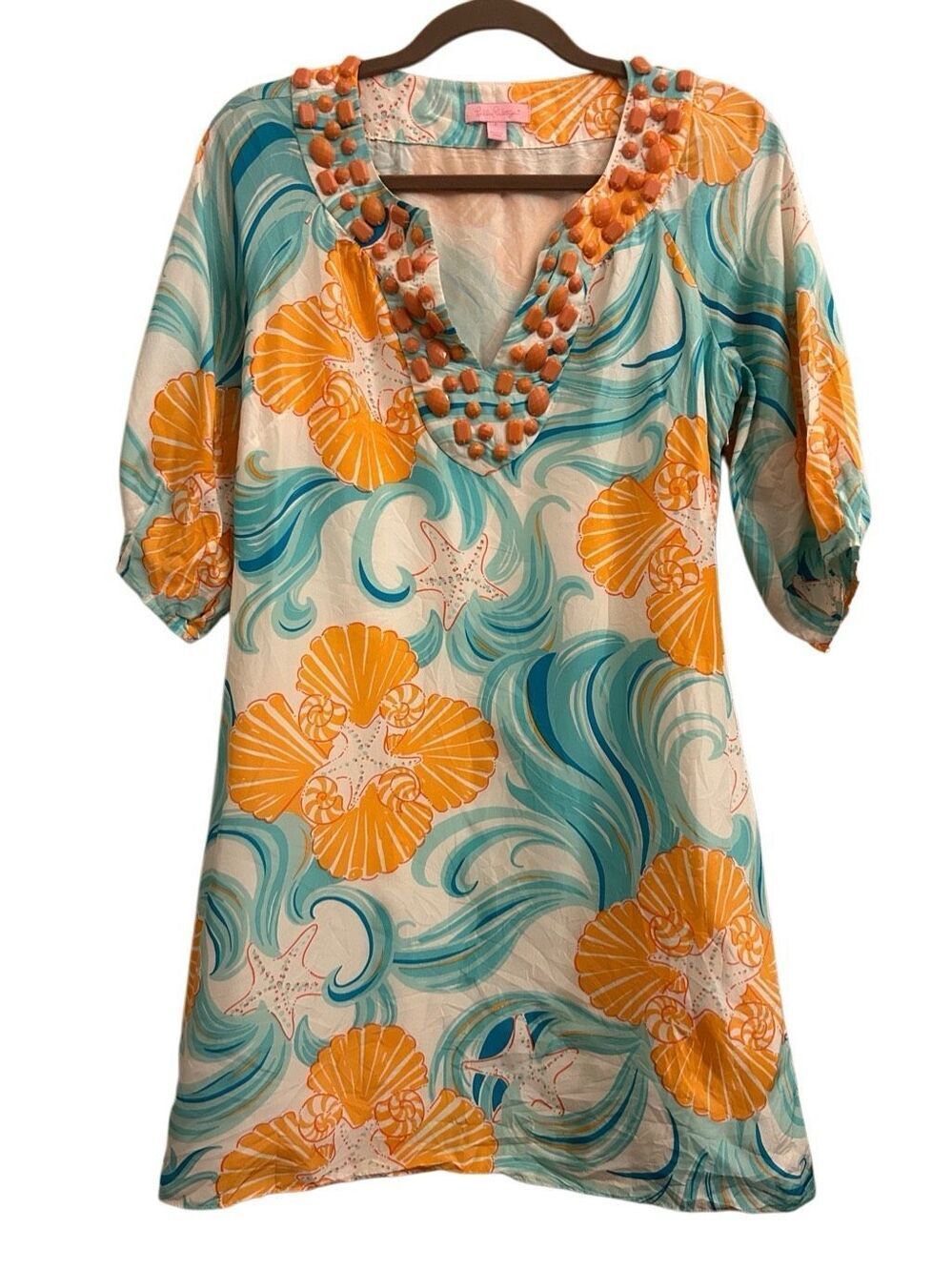 Lilly Pulitzer Alice Silk Dress Size 0 Puff Sleeves Orange/Blue beachy